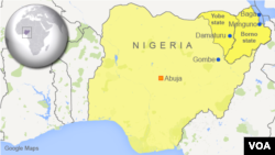 Map of Nigeria showing Monguno, Baga, Damaturu and Gombe