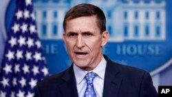 FILE - Then-National Security Adviser Michael Flynn speaks during the daily news briefing at the White House, in Washington, Feb. 1, 2017. 