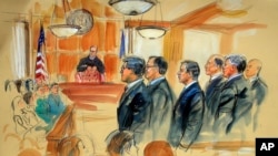 FILE - This courtroom sketch depicts Paul Manafort, fourth from right, standing with his lawyers in front of U.S. district Judge T.S. Ellis III, center rear, and the selected jury, seated left, during the jury selection of his trial at the Alexandria Federal Court, July 31, 2018.