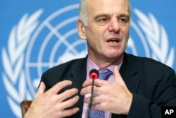 FILE - David Nabarro speaks at a press briefing at the United Nations building in Geneva, Switzerland, Oct. 24, 2007.