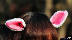 A girl wears bunny ears at a temple fair at the Temple of the Earth on the eve of the Lunar New Year in Beijing, February 2, 2011.