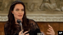 FILE - actress Angelina Jolie gives a press conference.