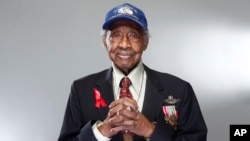 Tuskegee airman Floyd Carter Sr. poses for a portrait during the "Red Tails" junket, Jan. 10, 2012 in New York. 