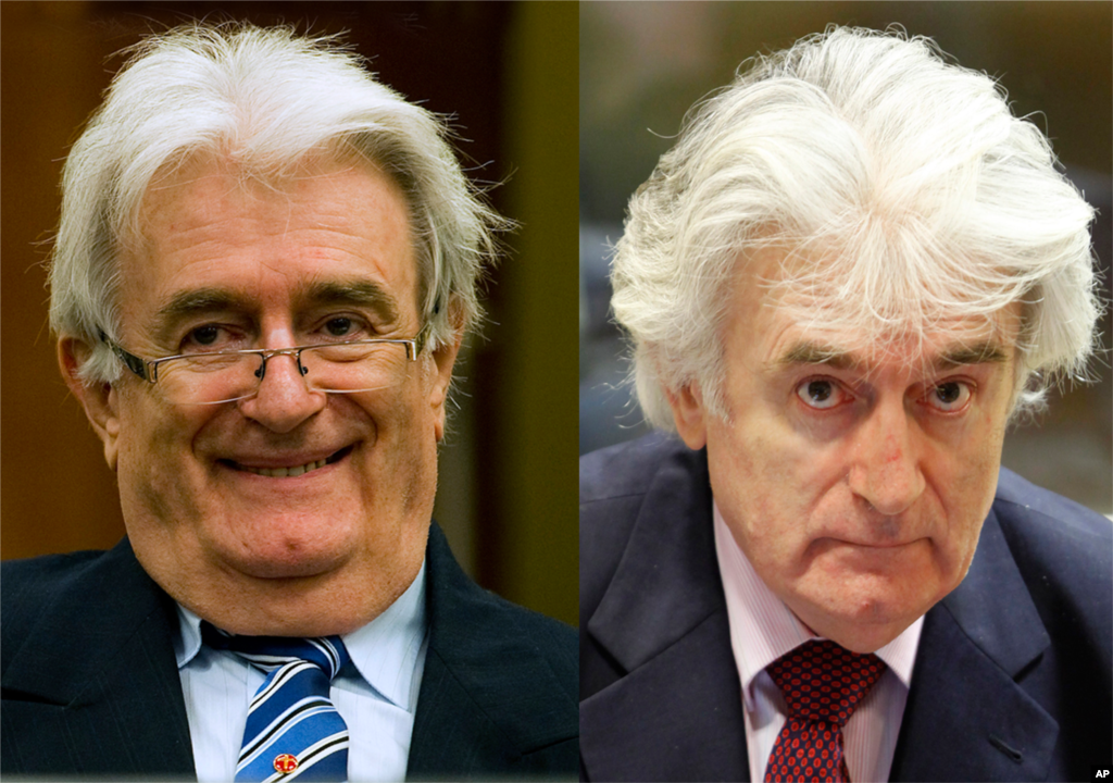 Bức ảnh cho thấy sự thay đổi khá rõ rệt về ngoại hình ông Radovan Karadzic tại thời điểm ngày 16 tháng 10 năm 2012 (trái) so với lúc ông dự một phiên xét xử trước đó vào tháng 11 năm 2009.