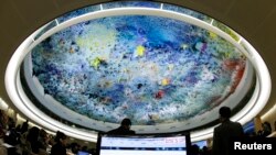 Overview of the room during the urgent debate of the Human Rights Council on "the deteriorating situation of human rights in the Syrian Arab Republic and the recent killings in Al Qusayr" at the UN European headquarters in Geneva, May 29, 2013.