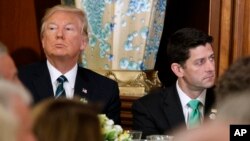 President Donald Trump, left, sits with House Speaker Paul Ryan on Capitol Hill in Washington during a "Friends of Ireland" luncheon, March 16, 2017.