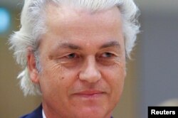 FILE - Dutch anti-Islam politician Geert Wilders appears in court for his appeal against a conviction for inciting discrimination accusing prosecutors of trying to destroy his right to free speech, in Amsterdam, Netherlands, May 17, 2018.