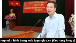 Võ Văn Thưởng, trưởng ban Tuyên giáo Trung Ương, phát biểu tại một hội nghị của ban ở Hà Nội hôm 5/7/2019. (Ảnh chụp màn hình trang web tuyengiao.vn)