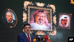 Yasin Aktay, an advisor to Turkey's President Recep Tayyip Erdogan, speaks during an event organized to mark the 40th day of the death of Saudi writer Jamal Khashoggi, in Istanbul, Nov. 11, 2018.