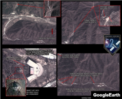 미사일 기지로 추정되는 금창리 일대의 모습. 아래 왼쪽 사진은 지휘본부로 추정되는 건물이 나타나 있고, 오른쪽은 조립 및 관측 시설과 사일로로 연결되는 6미터 폭의 도로가 보인다. S2제공.