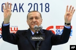 FILE - Turkey's President Recep Tayyip Erdogan gestures to supporters of his ruling Justice and Development Party at a rally in Bingol, Turkey, Jan. 13, 2018.