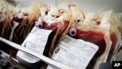 FILE - Blood units in storage at National Center for Hematology and Transfusion in Sofia, Bulgaria.