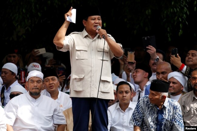 Indonesia's presidential candidate Prabowo Subianto speaks to his supporters after this week's presidential election in Jakarta, Indonesia, April 19, 2019.