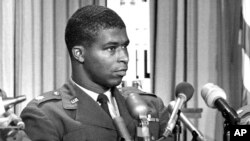 FILE - In this June 30, 1967, file photo, Maj. Robert H. Lawrence Jr., the first black astronaut in the U.S. space program, is introduced at a news conference in El Segundo, Calif. Lawrence was part of a classified military space program in the 1960s.