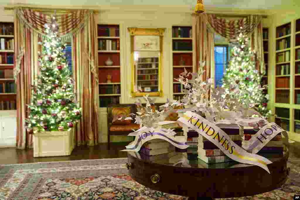 The Vermeil Room of the White House is decorated for the holidays during a press preview of the White House holiday decorations, Nov. 29, 2021.