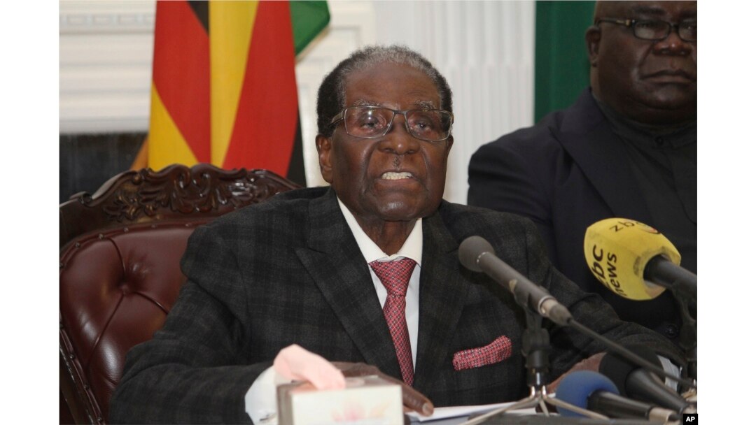 FILE - Then-President Robert Mugabe delivers a speech in Harare, Zimbabwe, Nov, 19, 2017.