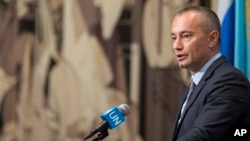 Nickolay Mladenov, United Nations Special Coordinator for the Middle East Peace Process, speaks to reporters about the situation in Israel outside Security Council chambers, July 24, 2017, at U.N. headquarters.