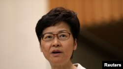 លោកស្រី Carrie Lam ថ្លែង​ទៅ​កាន់​សារព័ត៌មាន​បន្ទាប់​ពី​ការ​បោះឆ្នោត​មូលដ្ឋាន នៅ​ក្នុង​ក្រុង​ហុងកុង កាលពី​ថ្ងៃទី២៦ ខែវិច្ឆិកា ឆ្នាំ២០១៩។