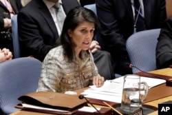 FILE - United States U.N. Ambassador Nikki Haley delivers remarks in the United Nations Security Council, Feb. 21, 2017.