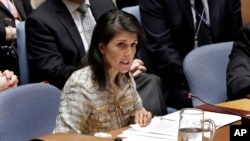 FILE - United States U.N. Ambassador Nikki Haley delivers remarks in the United Nations Security Council.