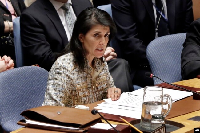 FILE - United States U.N. Ambassador Nikki Haley delivers remarks in the United Nations Security Council, Feb. 21, 2017.