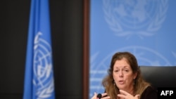 Head of the U.N. Support Mission in Libya, Stephanie Williams, speaks at a press conference on talks between rival factions in the Libya conflict, at United Nations offices in Geneva, Switzerland, Oct. 21, 2020. 