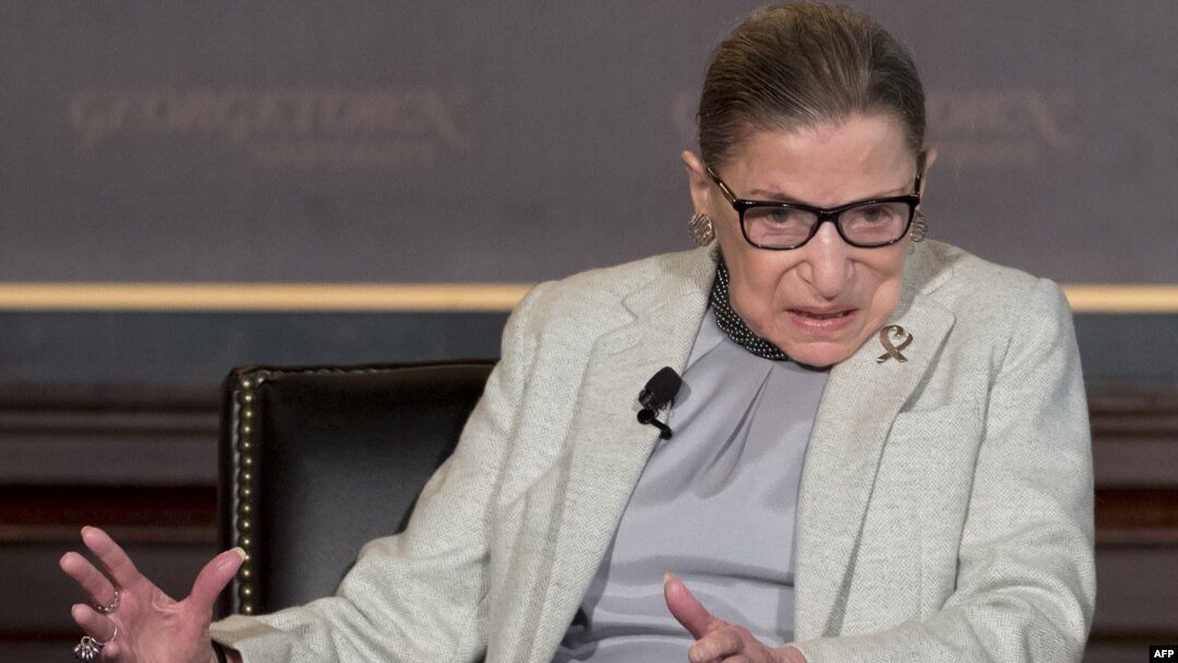 FILE - Supreme Court Justice Ruth Bader Ginsburg speaks at Georgetown University in Washington, April 27, 2017. 