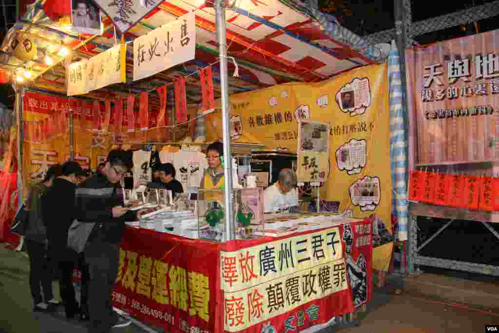 香港泛民及建制政党和团体在年宵花市摆摊宣传（美国之音海彦拍摄）