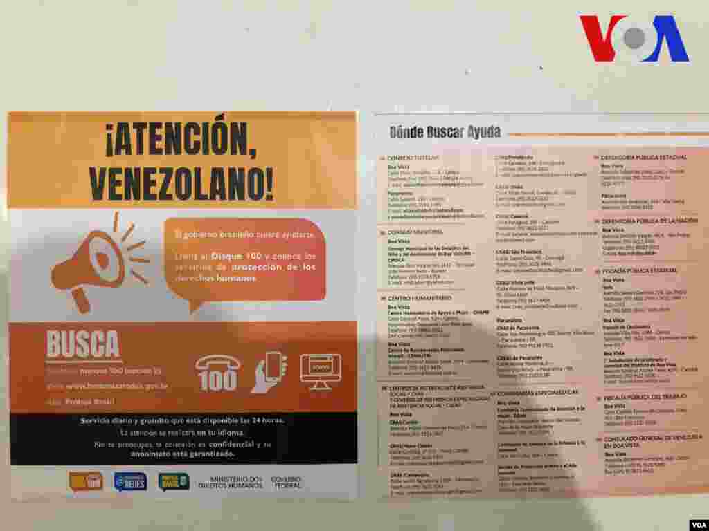 Cartel dedicado a los migrantes venezolanos dentro del Centro de Recepción de Migrantes, administrado por ACNUR, en Pacaraima, Brasil. Foto: Celia Mendoza - VOA.