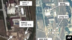 미국의 안보관련 민간연구소인 국제과학안보연구소(ISIS)가 18일 공개한 지난 4일 영변 핵시설 주변시설의 인공위성 사진(오른쪽). 지난 9월말(왼쪽) 굴착작업이 진행되던 상황보다 공사가 상당히 진척됐음을 보여준다.