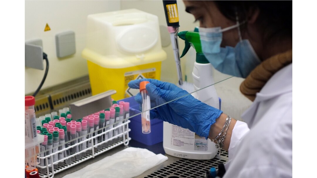 Seminar Kibir, a health lab technician, processes analysis of some nasal swab samples to test for COVID-19 at the Hospital of Argenteuil, north of Paris, Sept. 25, 2020.