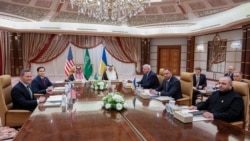 U.S. Secretary of State Marco Rubio, White House national security adviser Mike Waltz, Ukrainian Foreign Minister Andrii Sybiha, Ukrainian Head of Presidential Office Andriy Yermak, hold a meeting in Jeddah, March 11, 2025.