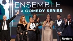 Chris Perfetti, Lisa Ann Walter, Quinta Brunson, Janelle James, Sheryl Lee Ralph, Tyler James Williams and William Stanford Davis accept the Outstanding Performance by an Ensemble in a Comedy Series award for "Abbott Elementary" during the 29th Screen Actors Guild Awards in Los Angeles, California, Feb. 26, 2023.