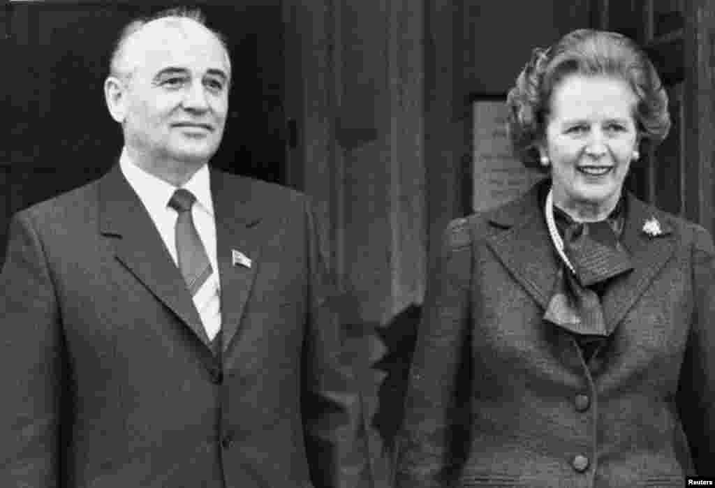 Mikhail Gorbachev, then Soviet Politburo member, with British Prime Minister Margaret Thatcher at Chequers, Buckinghamshire, England, March 11, 1985.