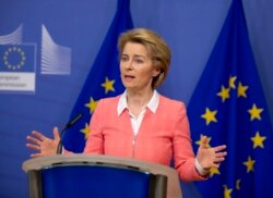 European Commission President Ursula von der Leyen speaks during a media conference after the weekly College of Commissioners meeting at EU headquarters in Brussels, Wednesday, March 4, 2020.