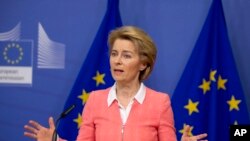 FILE - European Commission President Ursula von der Leyen speaks during a media conference after the weekly College of Commissioners meeting at EU headquarters in Brussels, March 4, 2020. 
