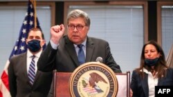 FILE-US Attorney General William Barr speaks on Operation Legend, the federal law enforcement operation, during a press conference in Chicago, Illinois, on September 9, 2020. (Photo by KAMIL KRZACZYNSKI / AFP)