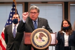 U.S. Attorney General William Barr speaks during a press conference in Chicago, Illinois, Sept. 9, 2020.