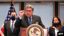 U.S. Attorney General William Barr speaks on Operation Legend, a federal law enforcement operation, during a press conference in Chicago, Sept. 9, 2020. 