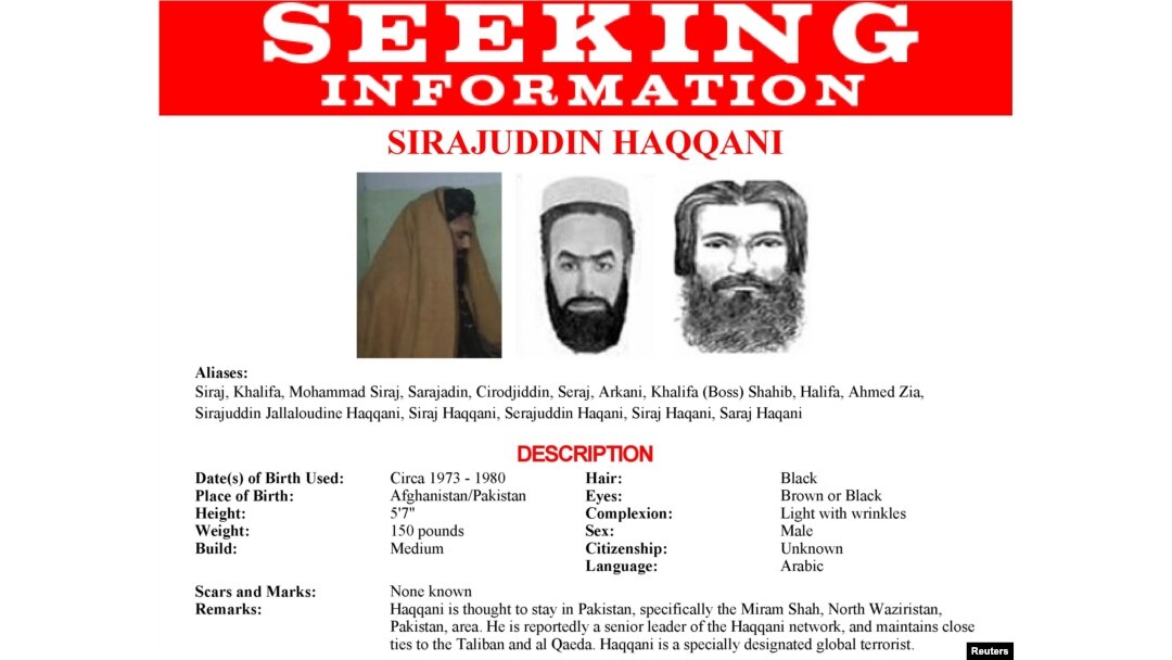 FILE - Renderings of Sirajuddin Haqqani, then-head of the Taliban-allied Haqqani insurgent group, are seen on a fragment of a "Wanted" poster issued by the U.S. Federal Bureau of Investigation. (Reuters/FBI/Handout)