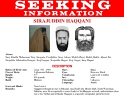 FILE - Renderings of Sirajuddin Haqqani, head of the Taliban-allied Haqqani network, are seen on a fragment of a "Wanted" poster issued by the U.S. Federal Bureau of Investigation. (Reuters/FBI/Handout)