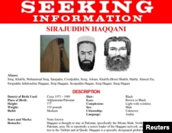 FILE - Renderings of Sirajuddin Haqqani, head of the Taliban-allied Haqqani insurgent group, are seen on a fragment of a "Wanted" poster issued by the U.S. Federal Bureau of Investigation. (Reuters/FBI/Handout)