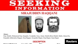 FILE - Renderings of Sirajuddin Haqqani, head of the Taliban-allied Haqqani insurgent group, are seen on a fragment of a "Wanted" poster issued by the U.S. Federal Bureau of Investigation. (Reuters/FBI/Handout)