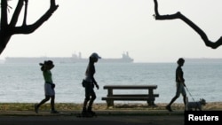 FILE - A woman walks a dog as others rollerblade and jog along the waterfront at East Coast Park in Singapore February 7, 2007. Older women who walk a little over three kilometers each day might live longer than less active women of the same age, a new s