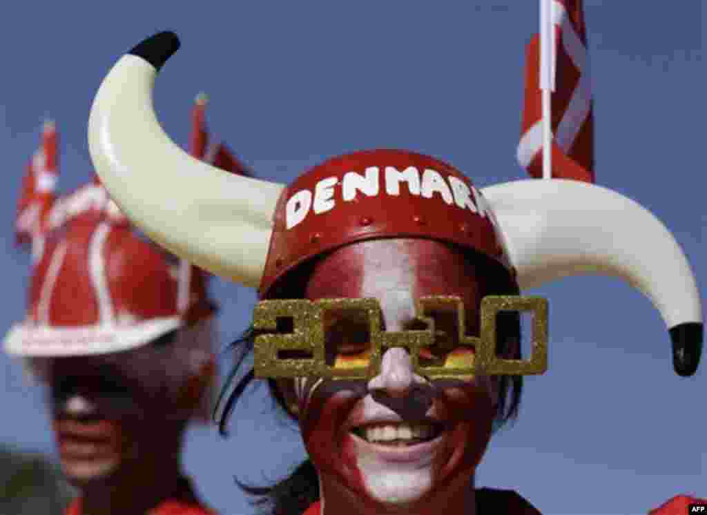 A Denmark soccer fan is seen prior to the World Cup group E soccer match between the Netherlands and Denmark at Soccer City in Johannesburg, South Africa, Monday, June 14, 2010. (AP Photo/Marcio Jose Sanchez)