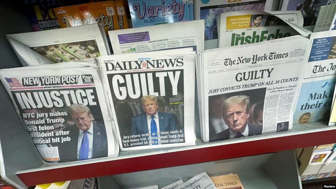 Trang nhất của các tờ báo tại Mỹ đăng tin cựu Tổng thống Donald Trump bị kết tội trong vụ án tiền bịt miệng. 