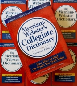 The eleventh edition of Merriam-Webster's Collegiate Dictionary is seen stacked on other dictionaries at the company's headquarters in Springfield, Mass., July 3, 2007.