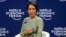 Myanmar State Counsellor Aung San Suu Kyi gestures as she talks about her vision in the World Economic Forum on ASEAN at the National Convention Center, Sept. 12, 2018 in Hanoi, Vietnam. 