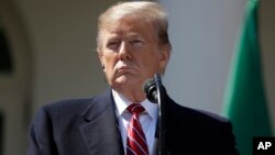 President Donald Trump listens during a news conference with Brazilian President Jair Bolsonaro in the Rose Garden of the White House, March 19, 2019, in Washington.