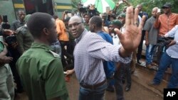 FILE - Evans Mawarire waves goodbye as he is taken into a prison truck at the magistrates courts in Harare.